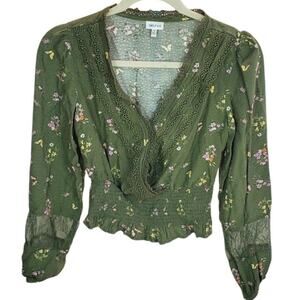 Selfie Olive Floral Lace Blouse Small